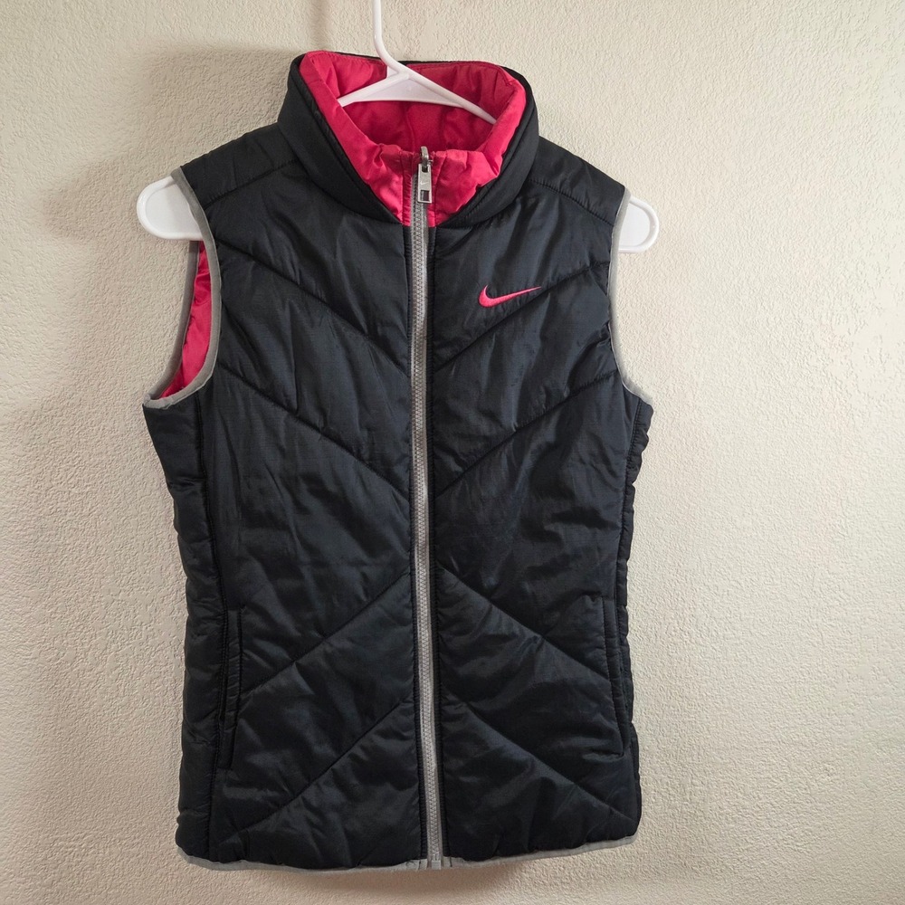 Nike Womens Puffer Vest Black Pink Chevron Quilted Full Zip Mock Neck Small